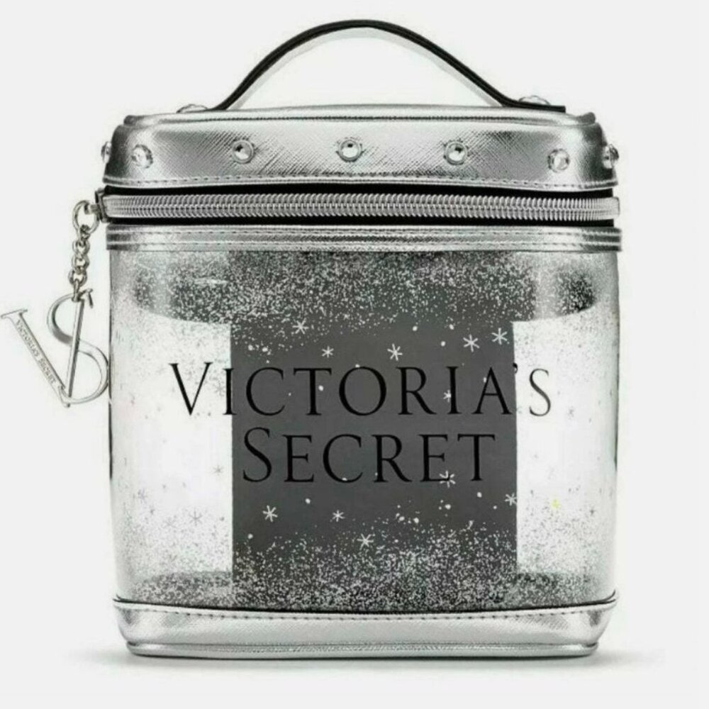 Victoria's Secret Mini Train Cosmetic Carrying Case Silver Sparkle NWT